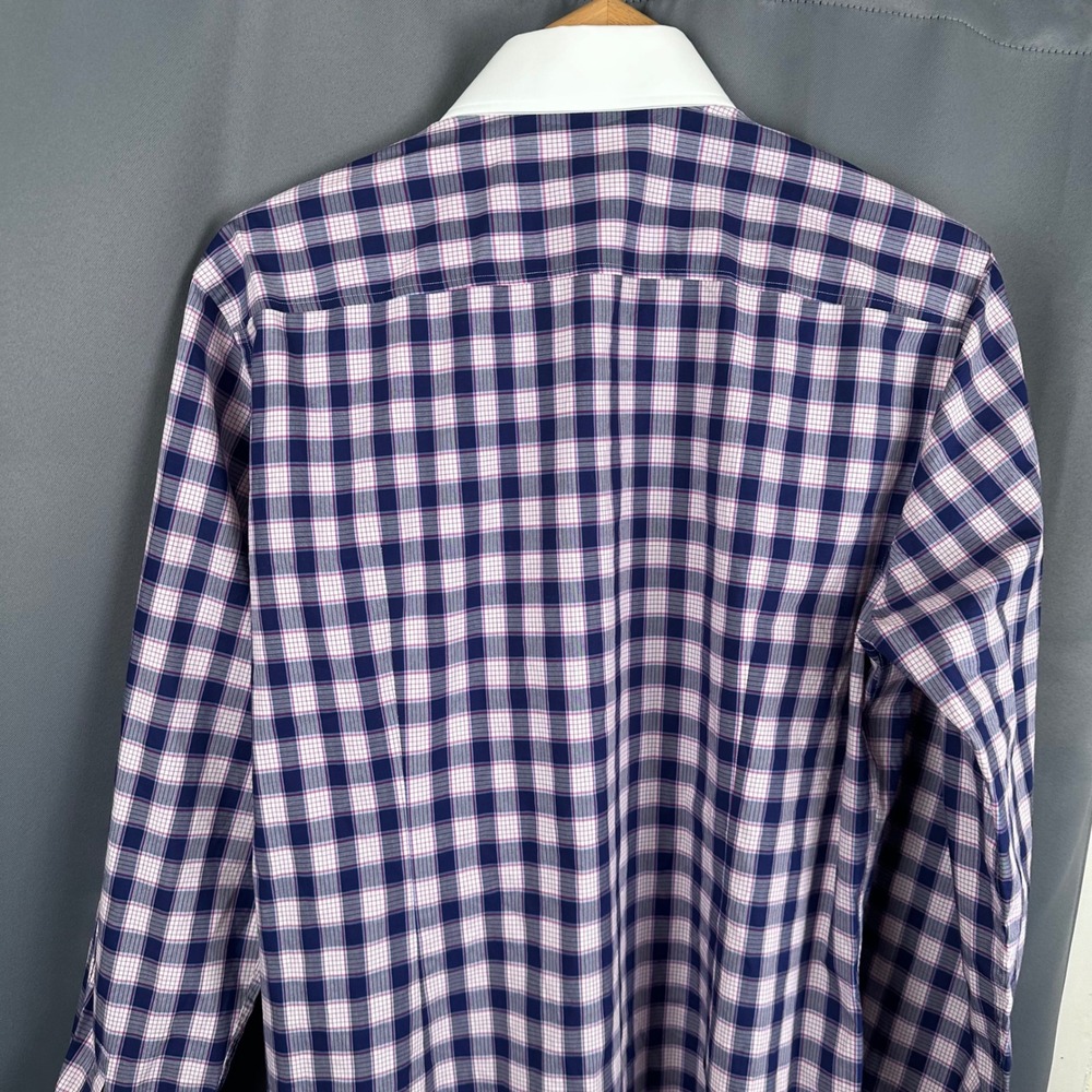 Hugo Boss Mens Slim Fit Check Dress Shirt Navy Pink White Collar 16 41 - Picture 8 of 9